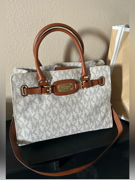 Michael Kors Handbags - Michael Kors Beige MK Logo Satchel with Brown Leather Trim
